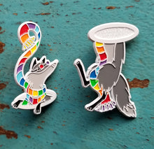 Load image into Gallery viewer, Gray fox pin pair with rainbow scarf

