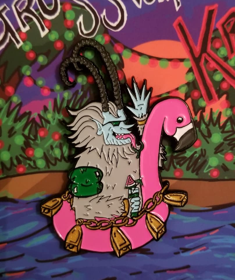 Krampus in sunglasses holding watermelon drink floating on a flamingo tube 