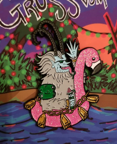Krampus with sunglasses and watermelon drink on a flamingo floatie 