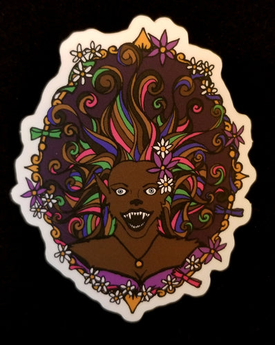 Werewolf woman wirh flying vibrant hair and flowers 