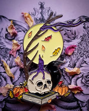 Load image into Gallery viewer, Skull Raven Candle Pin on purple background 

