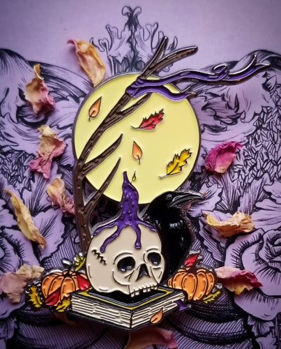 Skull Raven Candle Pin on purple background 