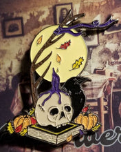 Load image into Gallery viewer, Moon, leaves, antler, pumpkins, skull on a book with candle, raven
